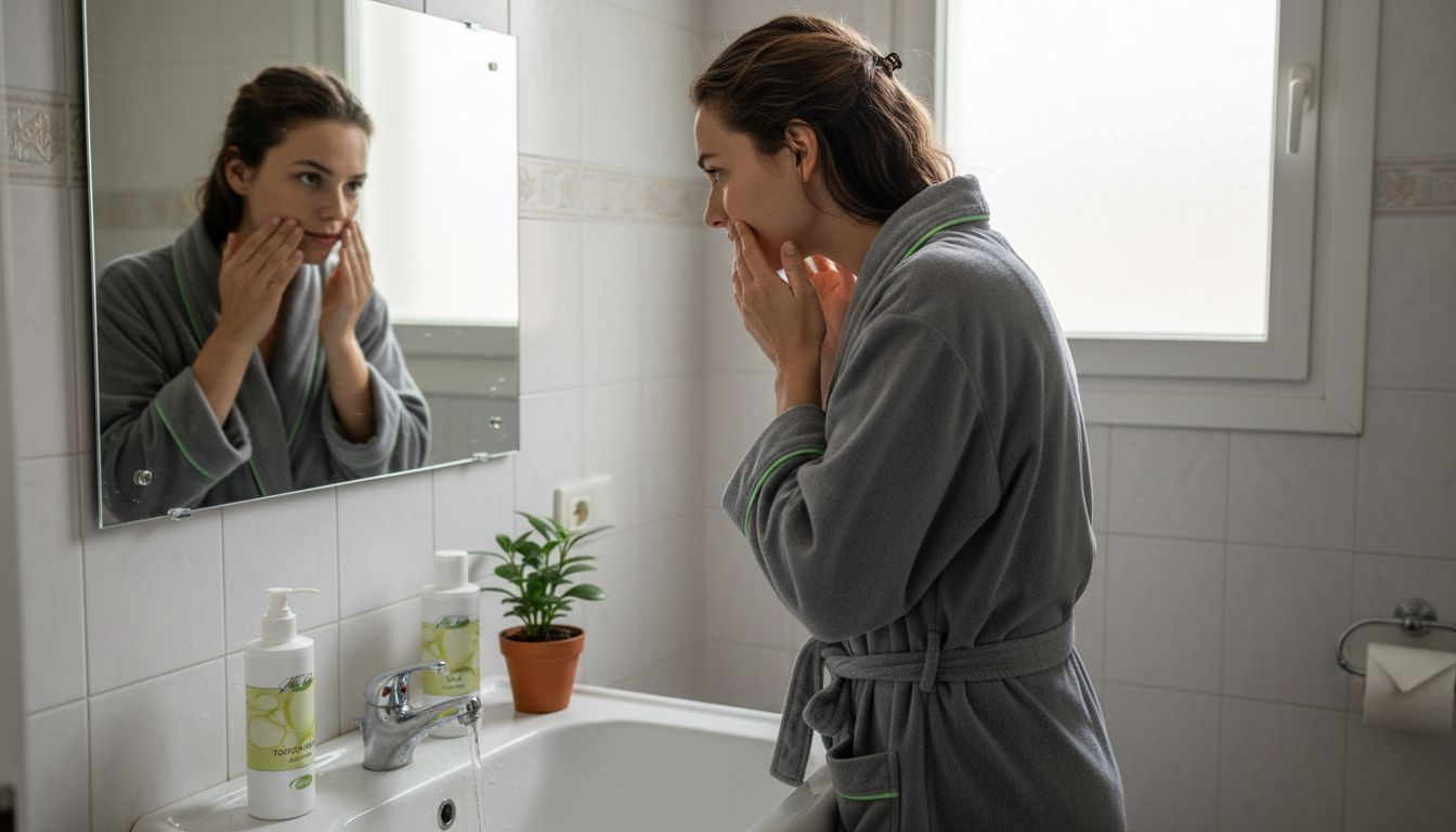 Am Morgen pflegt eine Frau ihr Gesicht im Badezimmer und spendet ihrer Haut Feuchtigkeit.
