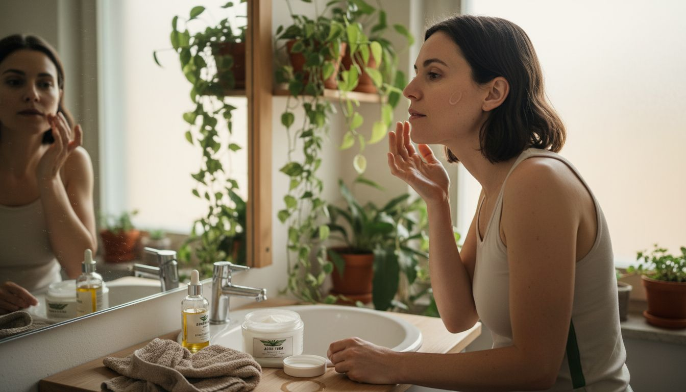 Eine Frau trägt in ihrem gemütlichen Badezimmer Aloe Vera auf die Haut auf und genießt dabei einen Moment der Entspannung.