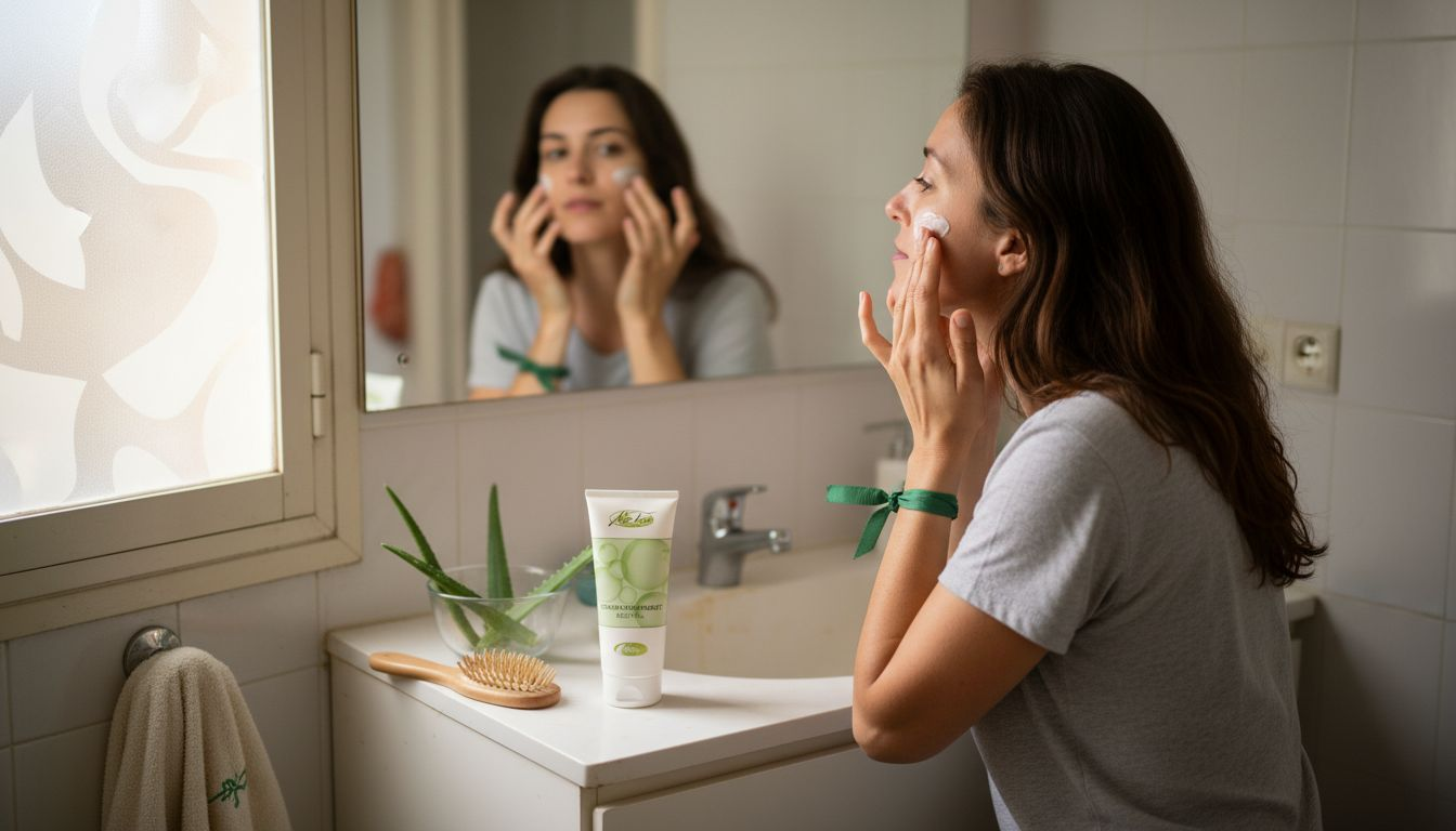 Eine Frau pflegt ihre Haut mit pflanzlichen Produkten in einem modernen Stadtbad.