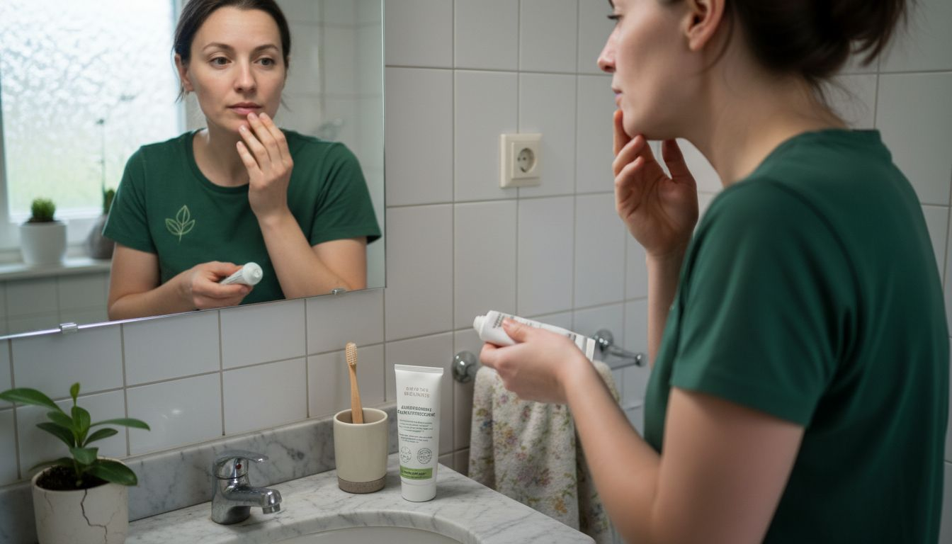 Eine Frau trägt vor dem Spiegel allergenfreie Hautpflege auf.