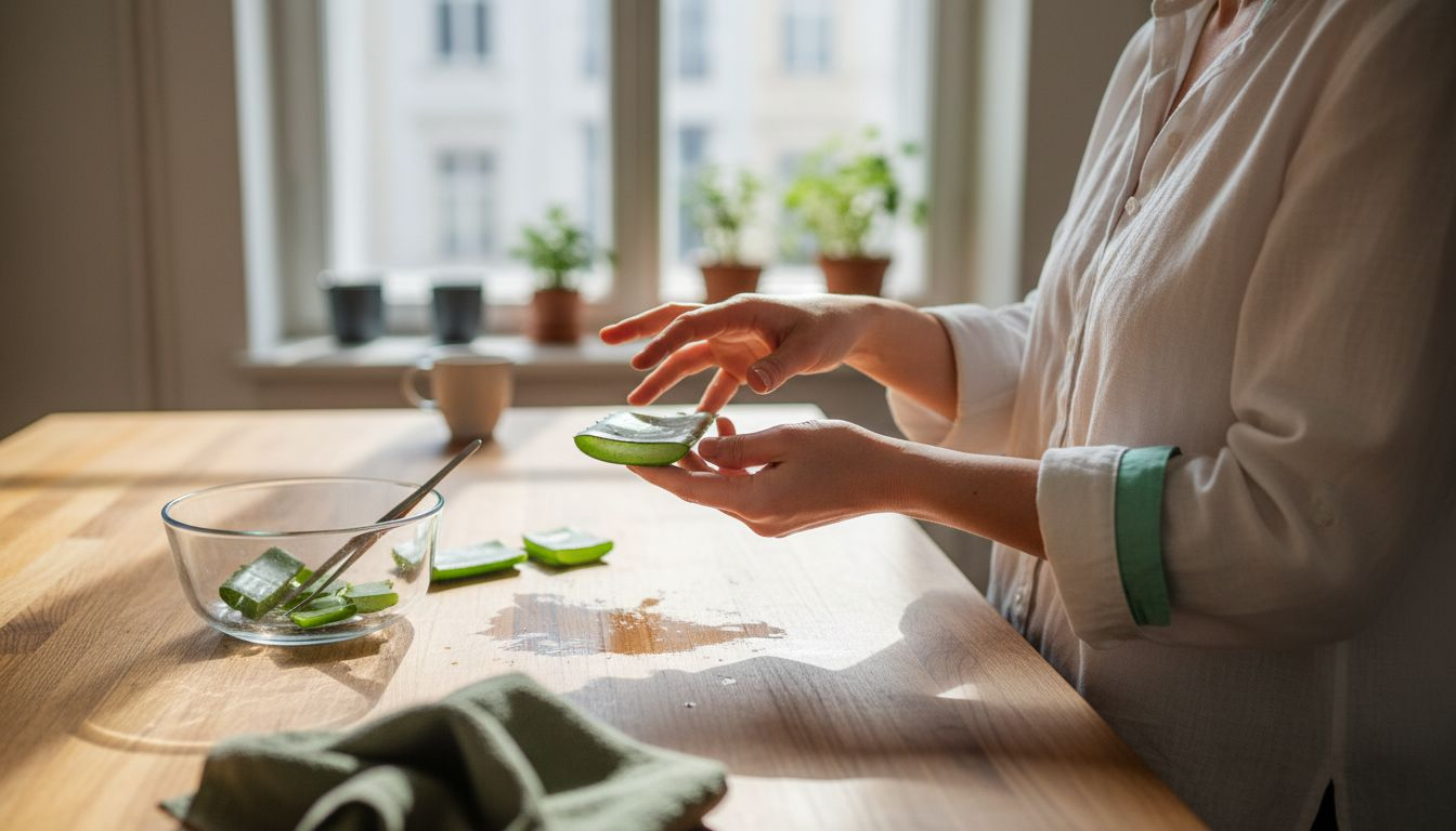 Am Küchentisch untersucht eine Frau ein frisch geerntetes Aloe-Vera-Blatt.