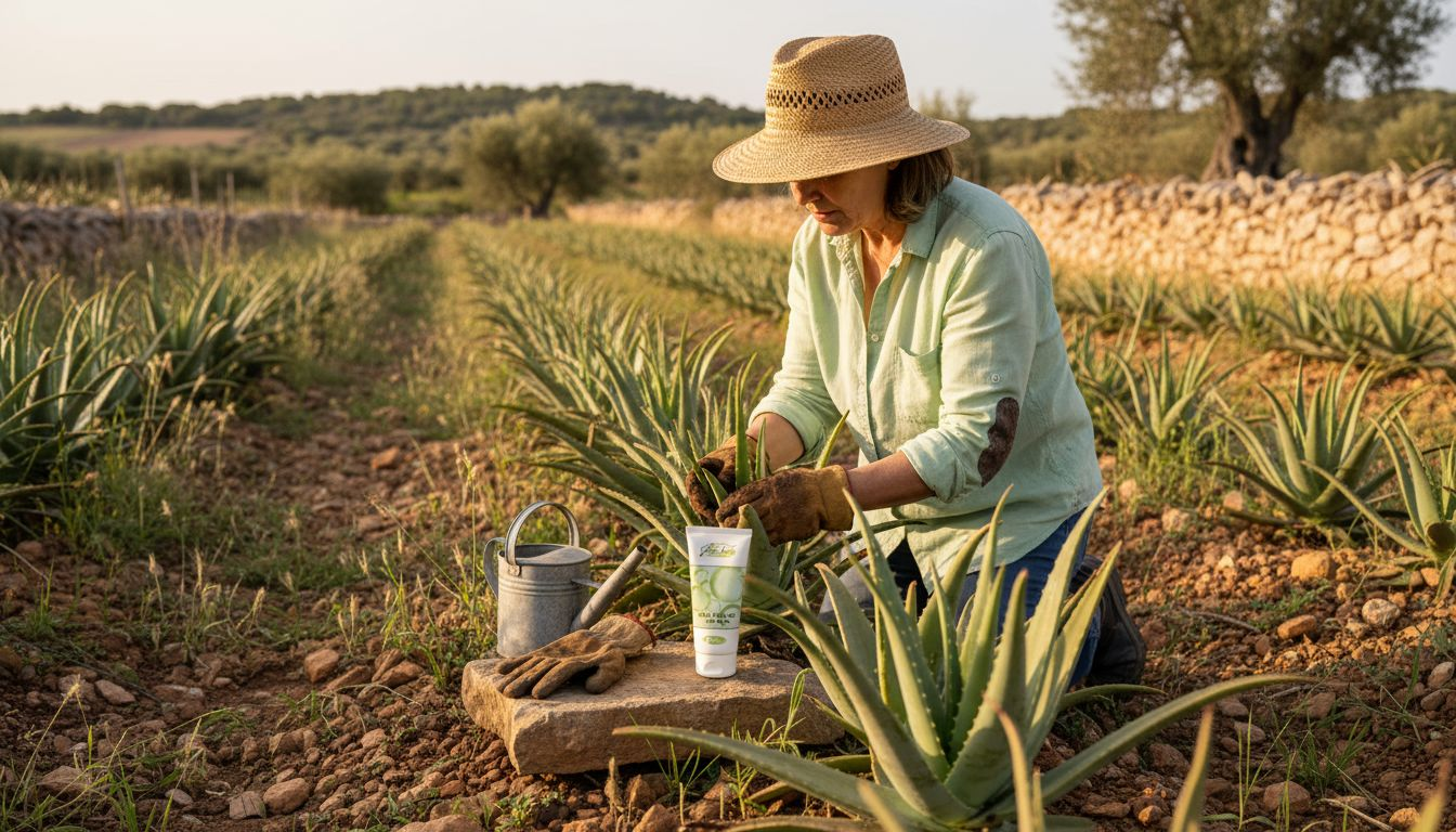 Eine Frau begutachtet Aloe-Vera-Pflanzen auf Mallorca.