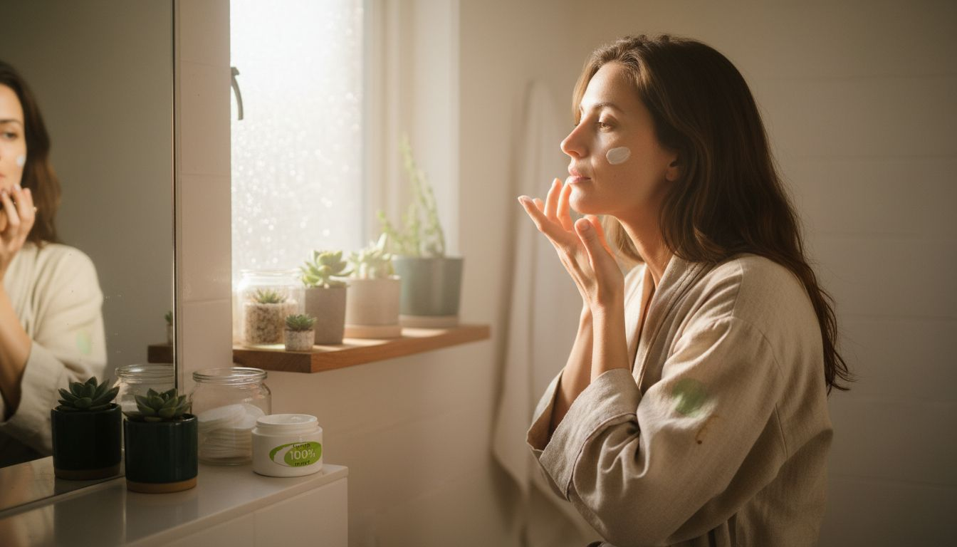 Im Badezimmer pflegt eine Frau ihre Haut mit Naturkosmetik.